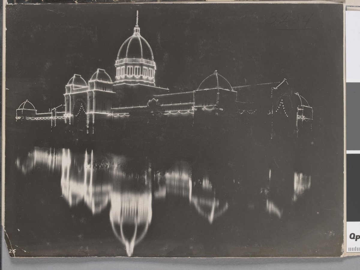 Municipal Arch and Melbourne Exhibition Building illuminated, Carlton (1901)