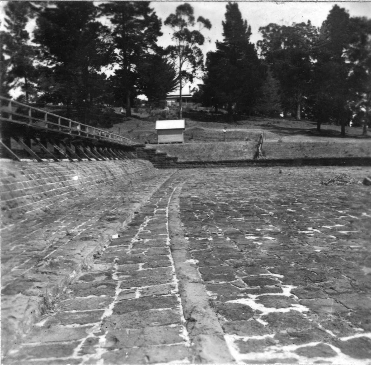 "Malmsbury Reservoir showing valve tower, by-wash, overfall, Ogee drop, outlet works and training wall" (1938?)