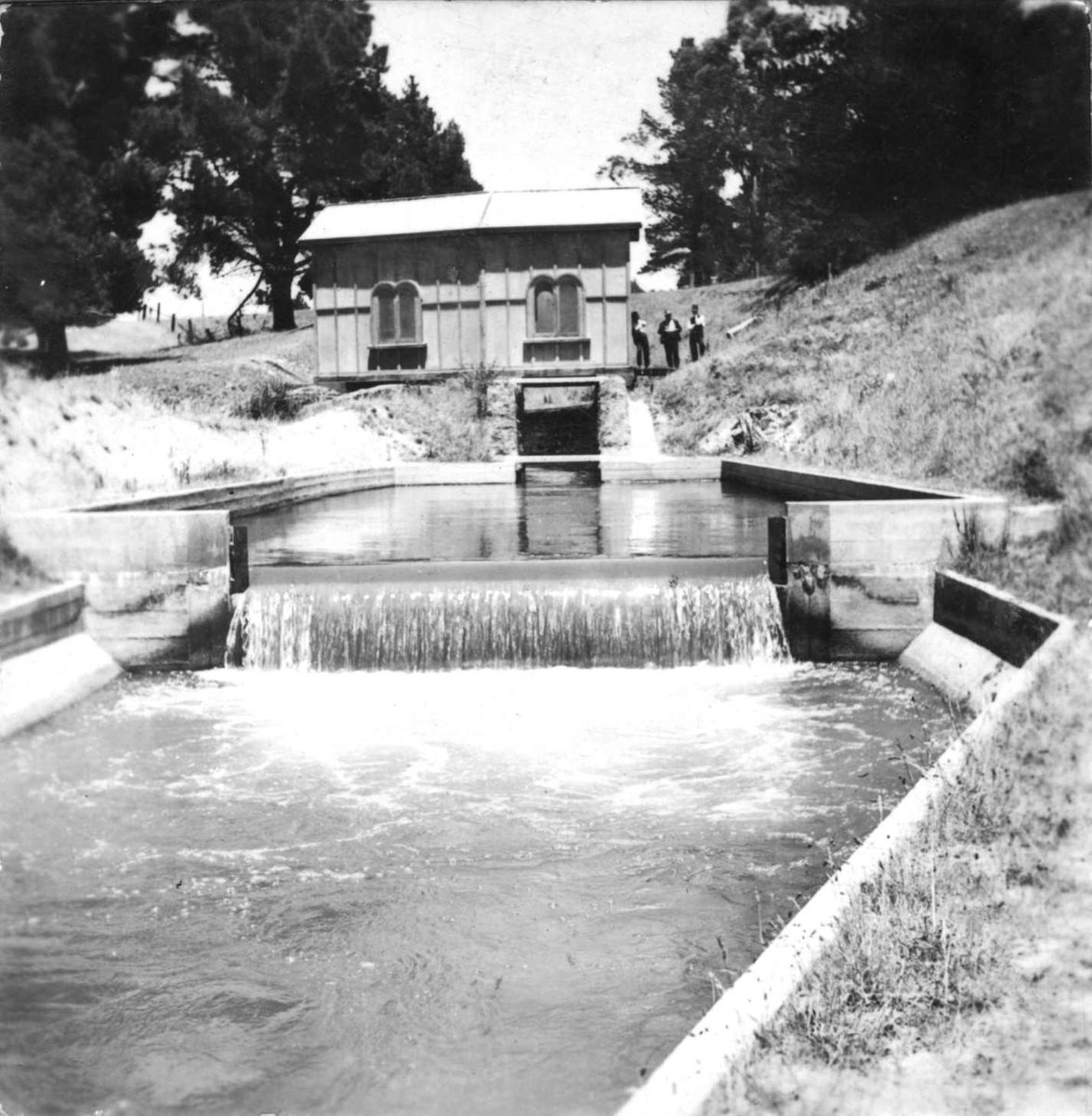 "Malmsbury Reservoir showing valve tower, by-wash, overfall, Ogee drop, outlet works and training wall" (1938?)