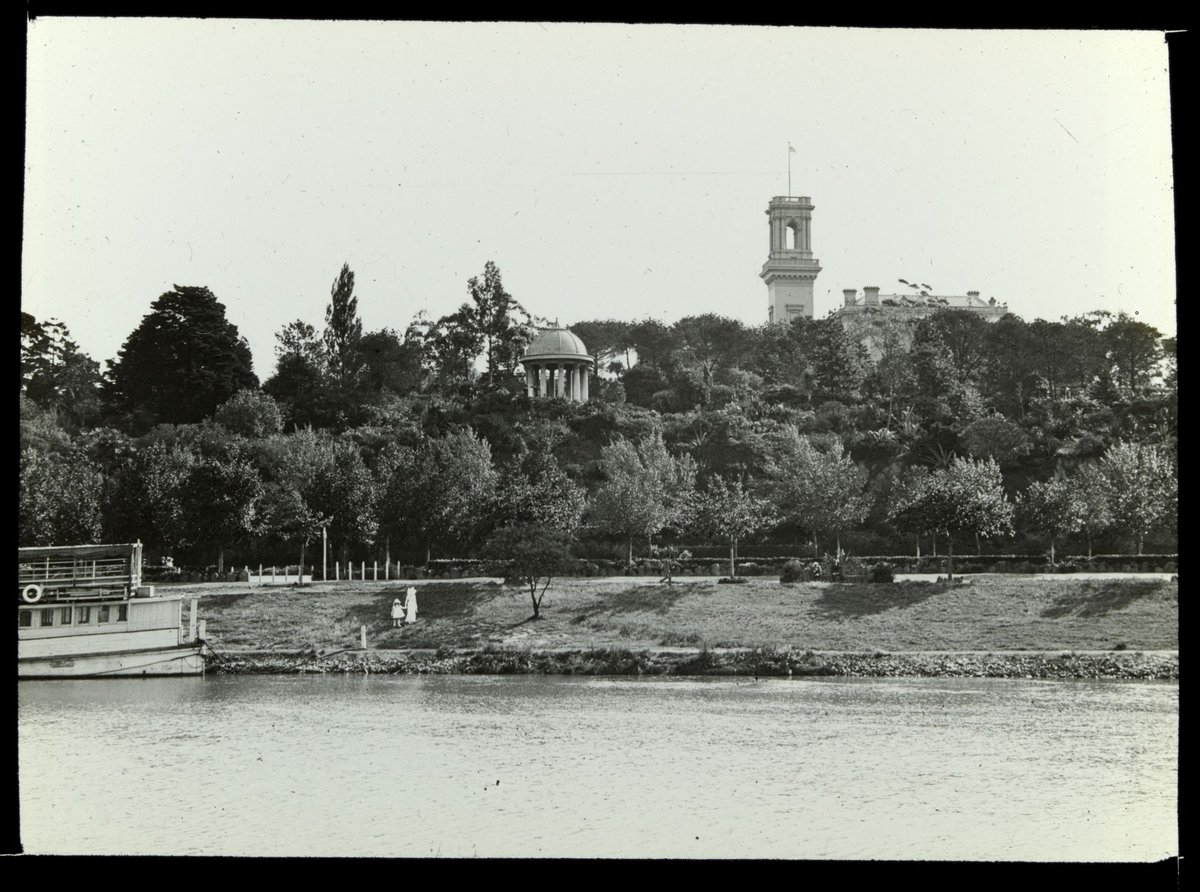 Federal Government House [i.e. Government House, Melbourne, taken from across river, boat in foreground, only tower visible], Melbourne City (1900–25)