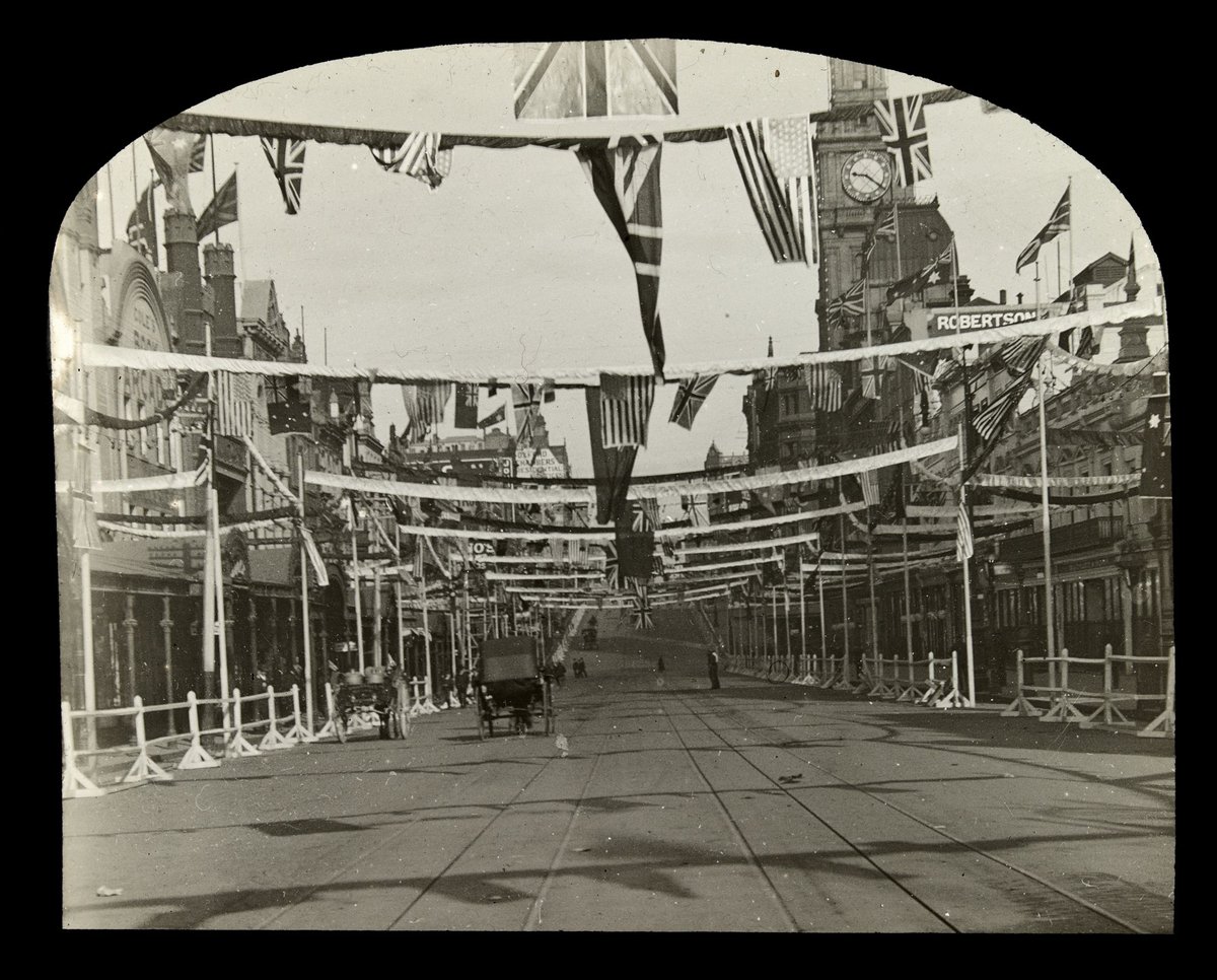Bourke Street decorated for the visit of the American Navy Fleet, Melbourne, Melbourne City (1908)