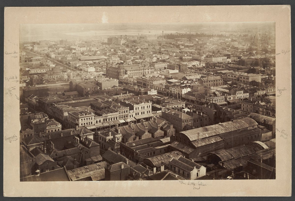 Looking North-west showing Swanston and Bourke Streets, with Post Office, Melbourne City (1875)