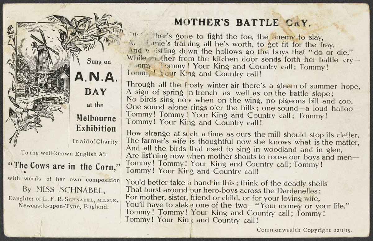 MOTHER'S BATTLE CRY. Sung on A.N.A. DAY at the Melbourne Exhibition (1915)