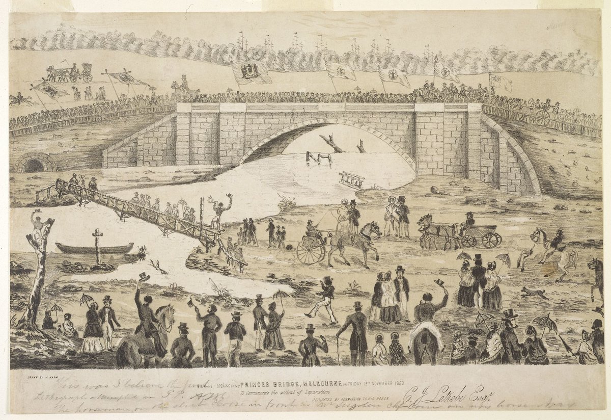 View of opening of the Princes Bridge, Melbourne, on Friday 15th November 1850 : To commemorate the arrival of Separation, Melbourne City
