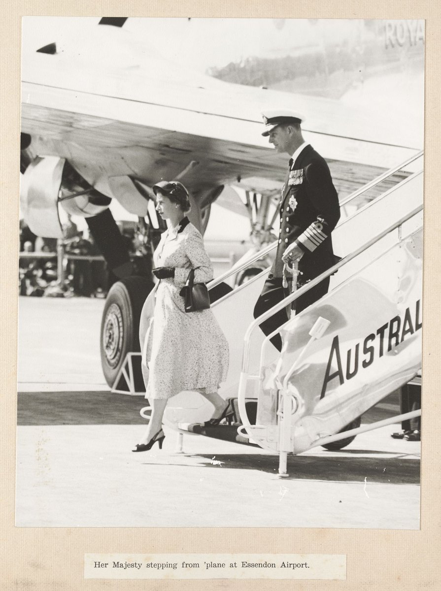 Her Majesty stepping from 'plane at Essendon Airport, Essendon North (1954)