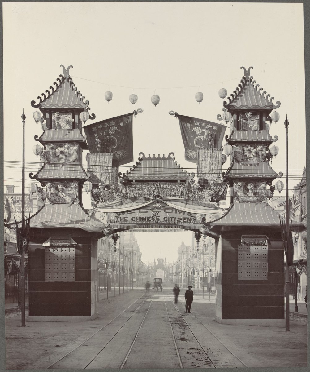The Chinese citizens' arch, Swanston Street. (The king's arch in distance), Melbourne City (1901)