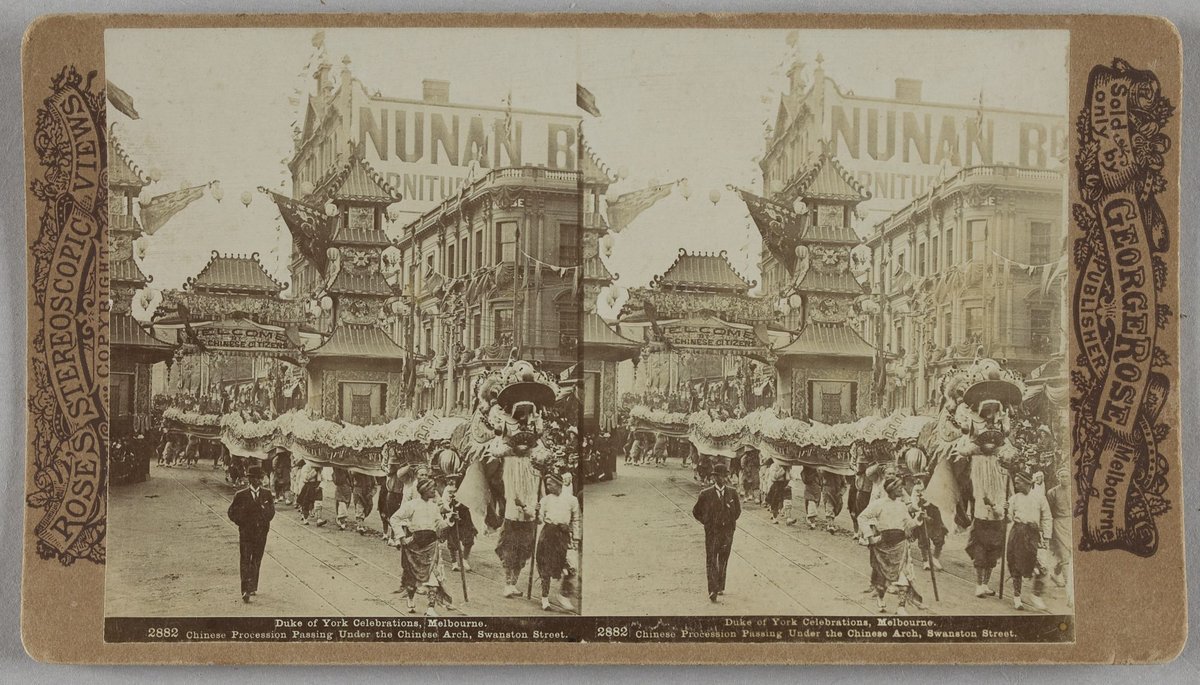 Duke of York Celebrations, Melbourne. Chinese Procession Passing Under the Chinese Arch, Swanston Street, Melbourne City (1901)