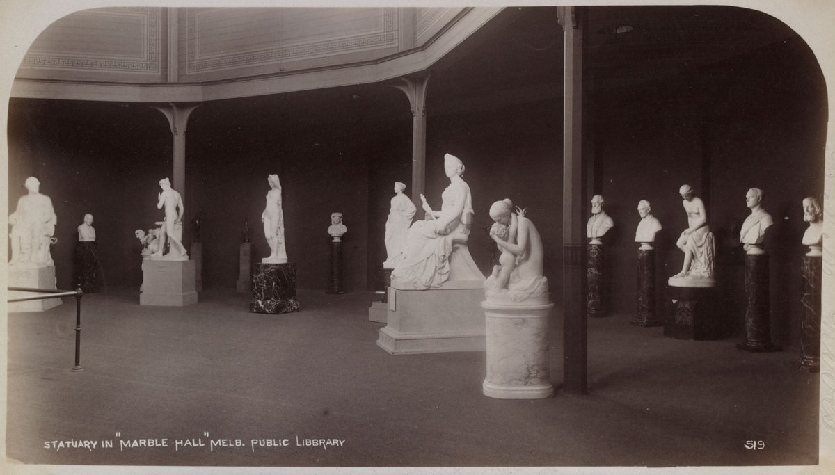 Statuary in "Marble Hall", Melb[i.e. Melbourne] Public Library [showing the Rotunda with works by Charles Summers], Melbourne City (1892–1900)