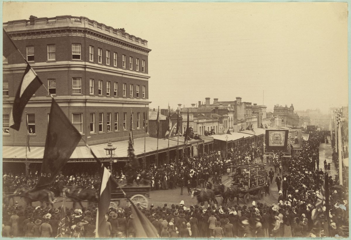 Centennial procession in Bourke Street, looking west from Spring Street, Melbourne City (1888)