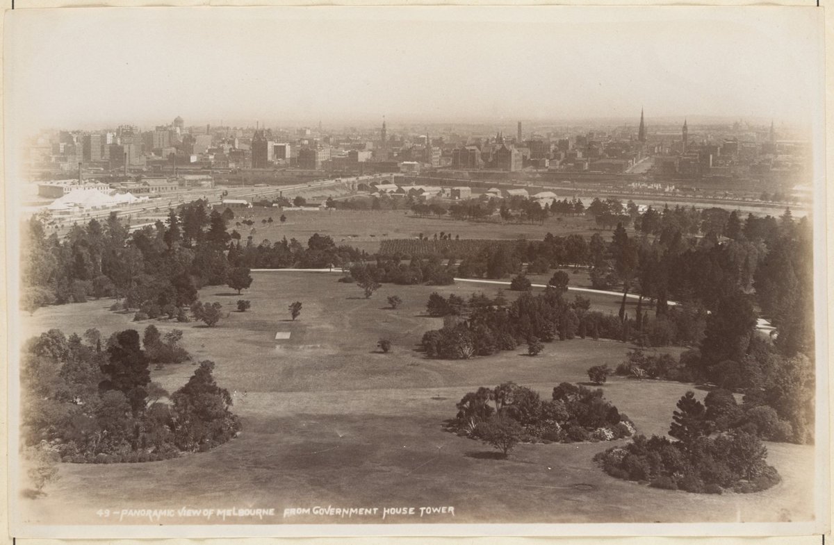 Panoramic View of Melbourne from Government House Tower [includes the circus, St Kilda Road], Melbourne City (1886–87)