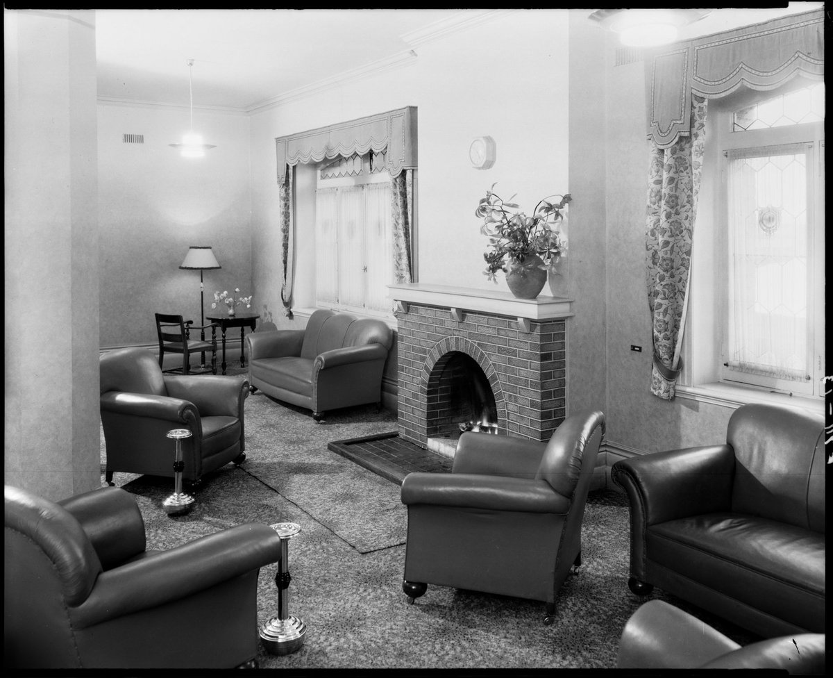 Guest lounge fireplace, Victoria Palace Hotel, 209-231 Little Collins Street, Melbourne, Melbourne City (c. 1941)