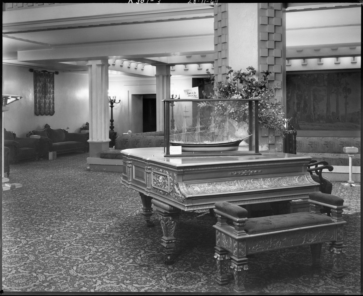 Grand piano in the Dress Circle foyer, Capitol Theatre, Swanston Street, Melbourne, Melbourne City (1949)