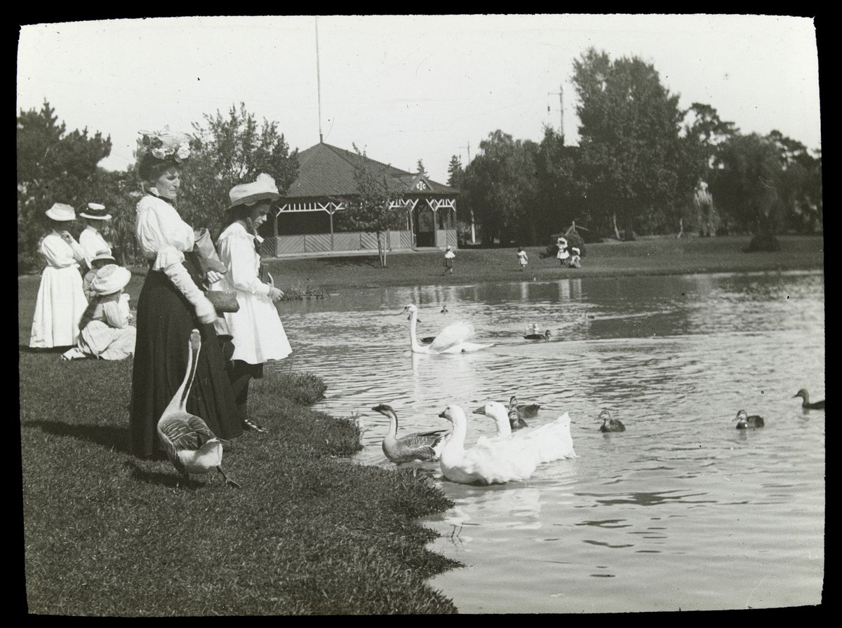 Woman and girl feeding geese, Queen's Park, Moonee Ponds (1906–14)
