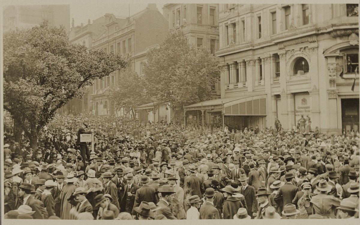 Armistice Day in Melbourne. 1918. Corner Collins & Swanston St, Melbourne City (c. 1918)
