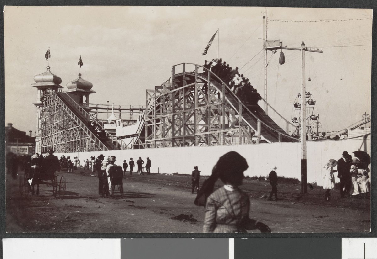 Luna Park. St. Kilda Beach showing the Ariel Railway with one of the cars going up it, St Kilda (1912–15)