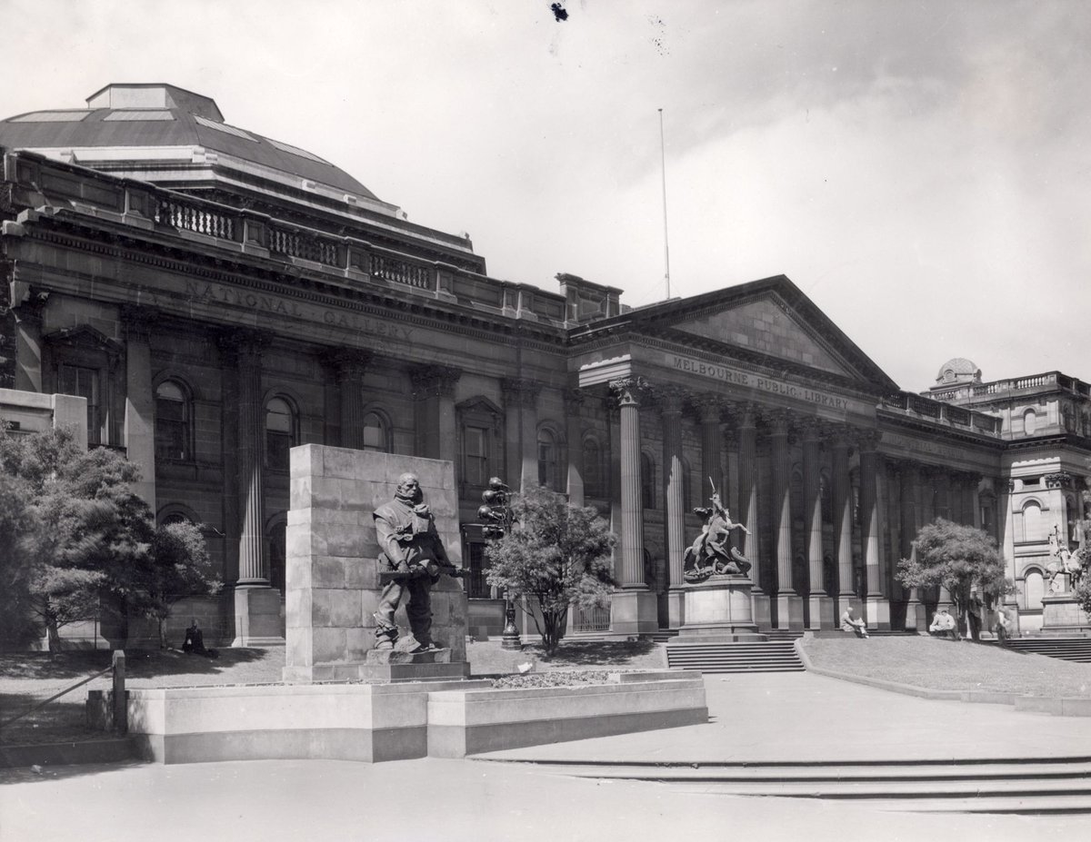 Forecourt of the Public Library of Victoria (later State Library of Victoria) from the corner of Latrobe and Swanston streets, Melbourne City (1951)