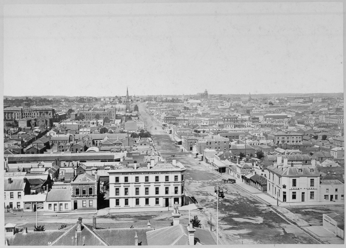 [Shows Lonsdale and Queen Streets looking east from intersection] : from the tower of Dr Fitzgerald's residence Lonsdale Street West, Melbourne City (1869)