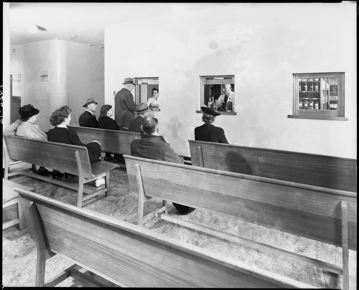 Interior view showing drug dispensary, Royal Melbourne Hospital, Melbourne City (1945)