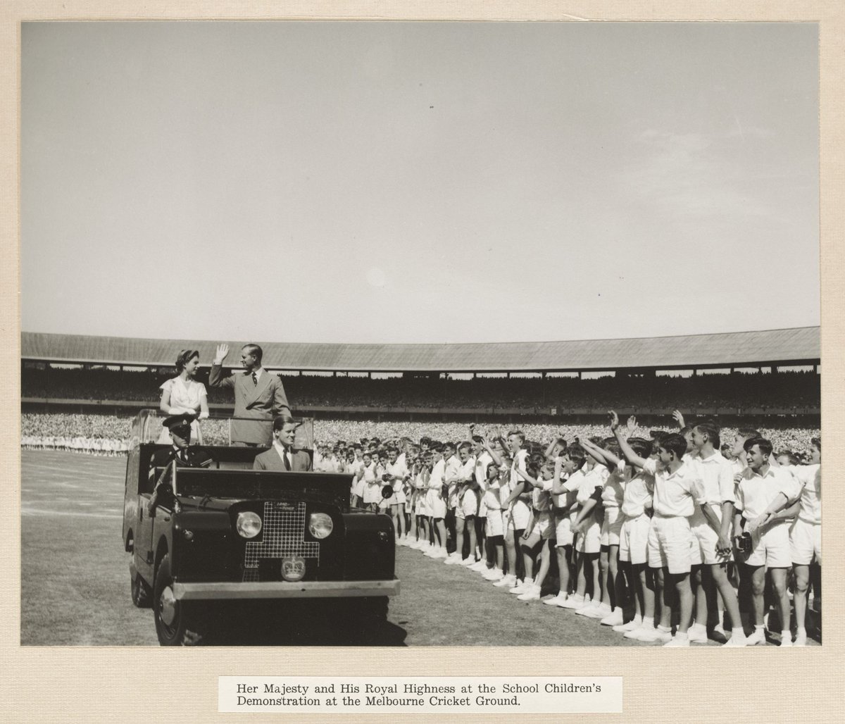 Her Majesty and His Royal Highness at the School Children's Demonstration at the Melbourne Cricket Ground, East Melbourne (1954)