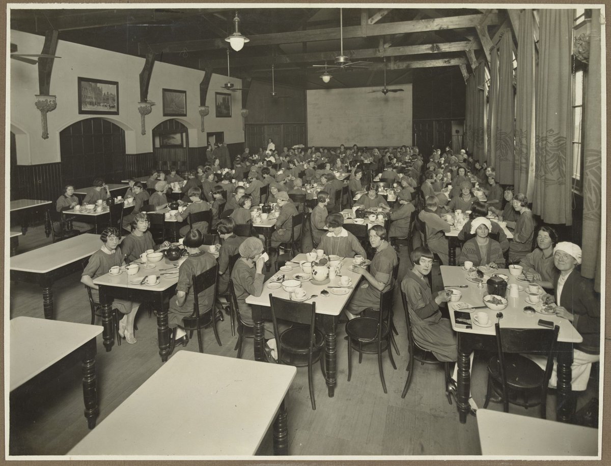 Women at tea break in Women's Dining Room at Bryant & May, Richmond (1920–30)