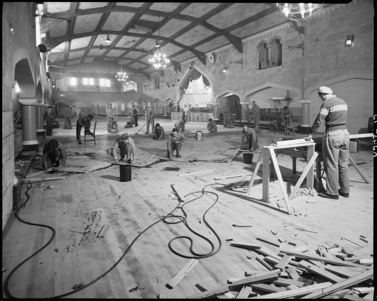 "Earls Court Ballroom, St. Kilda, showing installation of new parquetry dance floor", St Kilda (c. 1950)