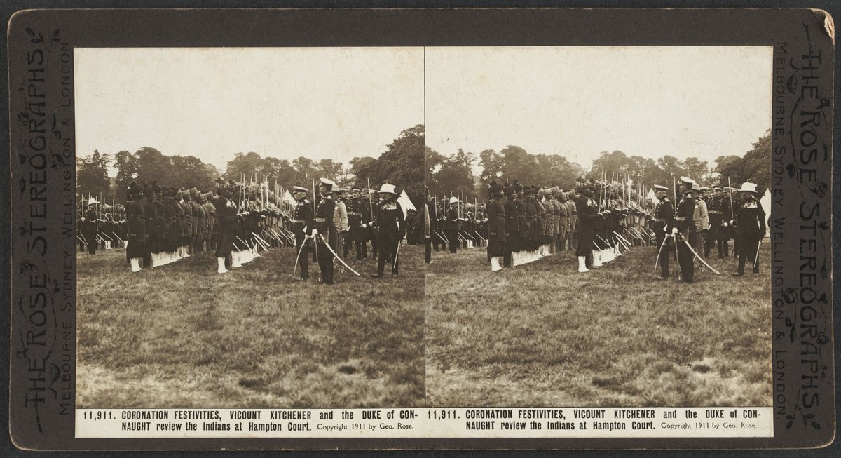 CORONATION FESTIVITIES, VICOUNT [i.e. Viscount] KITCHENER and the DUKE of CONNAUGHT review the Indians at Hampton Court (c. 1911)