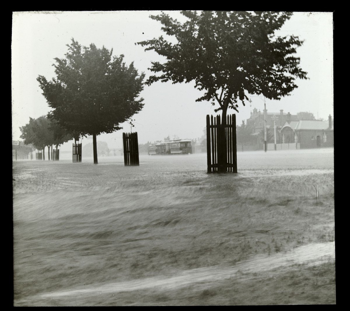 Flemington road in flood, with tram, Melbourne (1906–14)