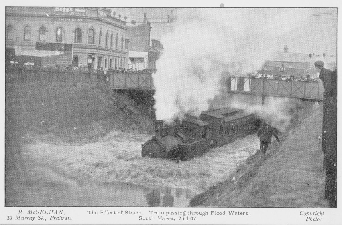 The Effect of Storm. Train passing through Flood Waters, South Yarra, 25.1.07 (c. 1907)