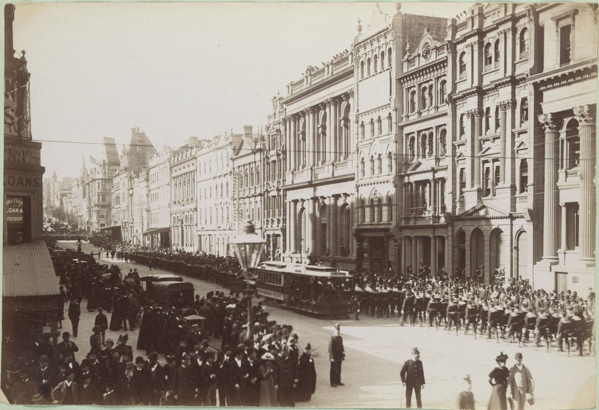 [Procession in honour of Queen Victoria's Jubilee, 1897. Naval forces & cable tram in Collins Street between Elizabeth and Swanston Streets looking south, Melbourne City