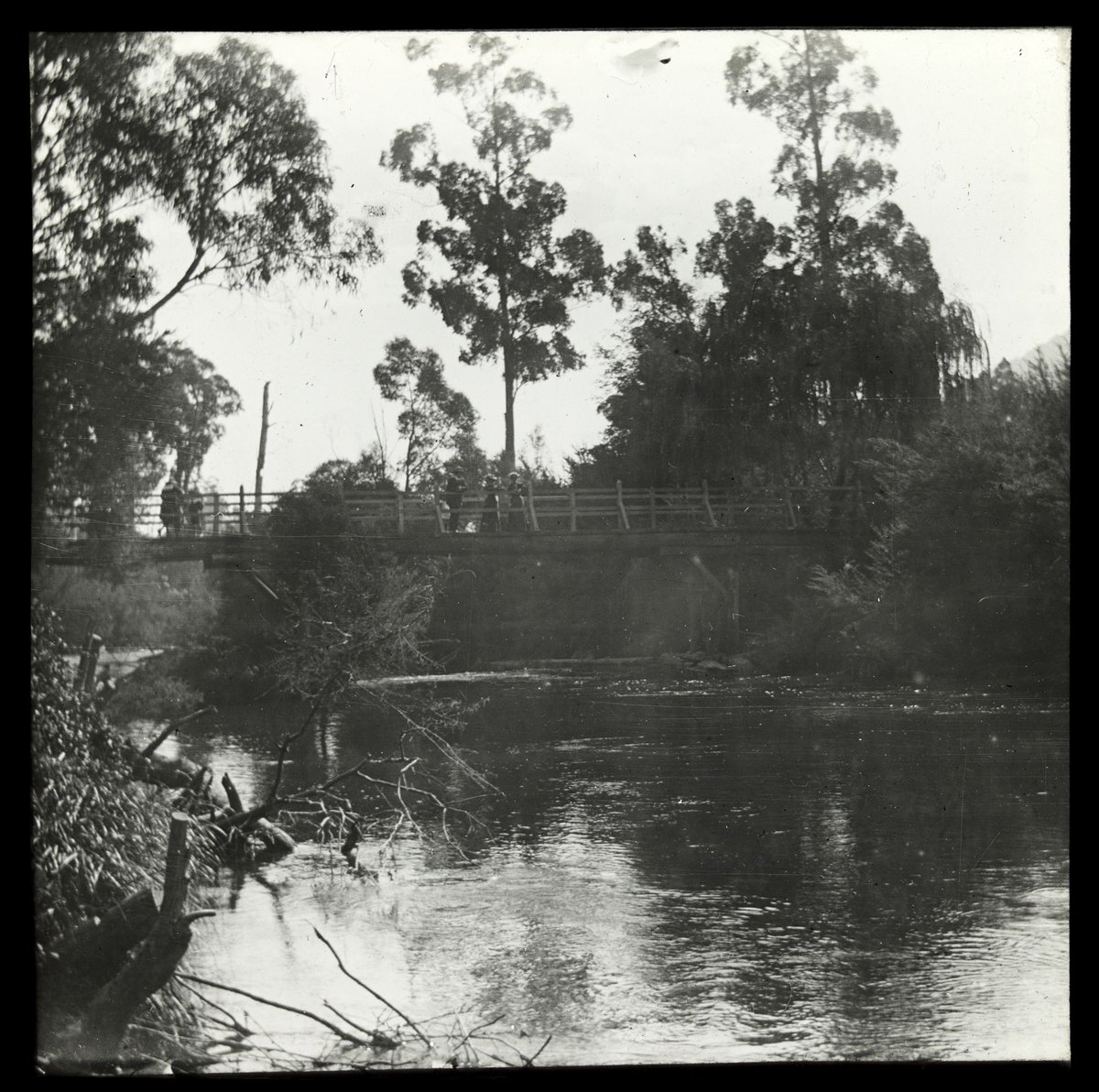 Pedestrians on a wooden bridge on the Yarra River, Victoria (1909)