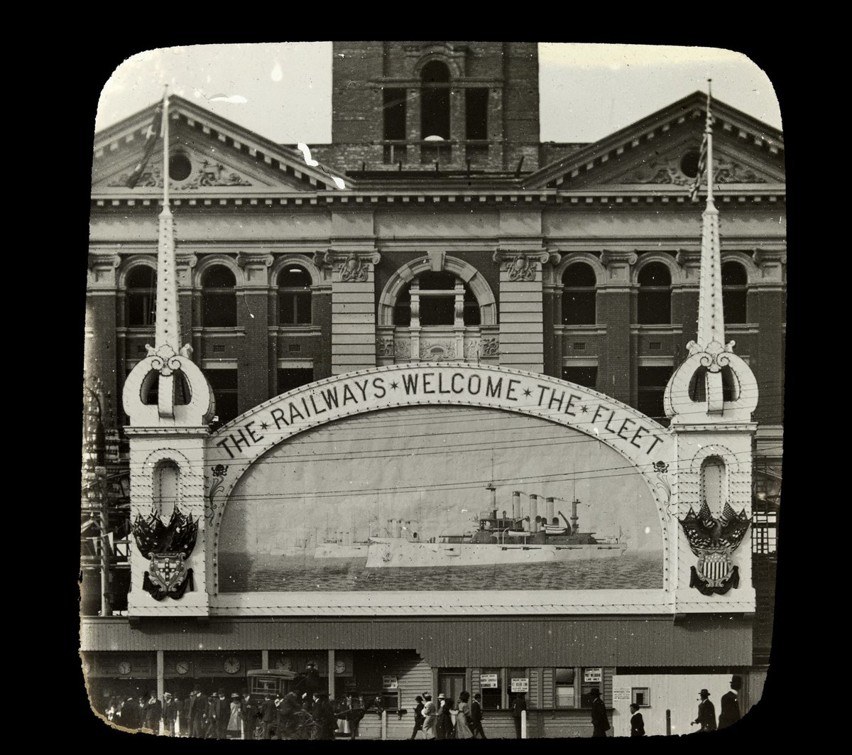 Banner on Flinders Street Station welcoming The Great White Fleet, Melbourne City (1908)