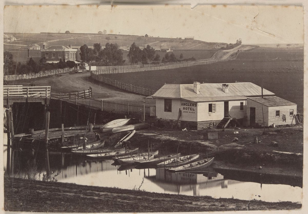 [Maribyrnong Bridge showing Anglers Hotel and Maribynong Bridge Hotel (1885–87)
