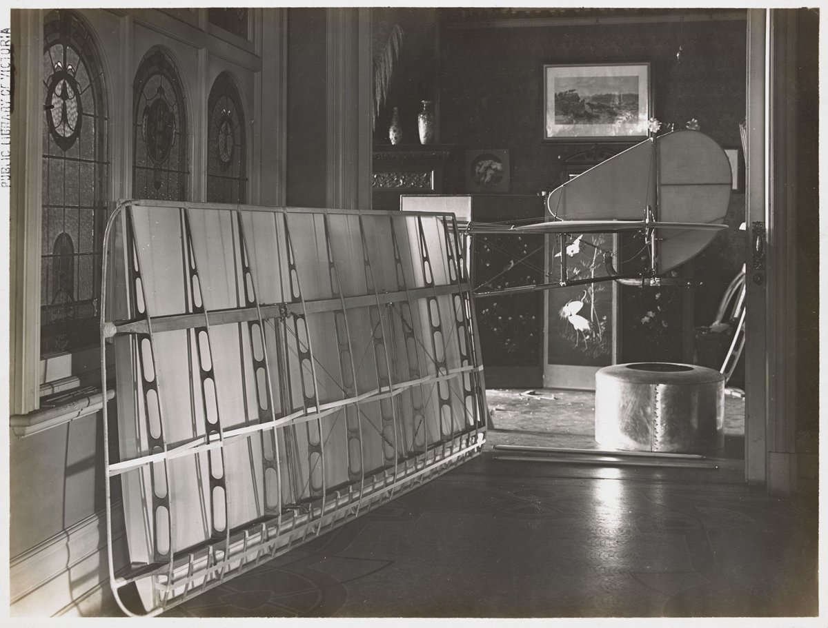 "Basil Watson assembling his aeroplane in his parents' house in St. Kilda Street, Elsternwick" (c. 1917)