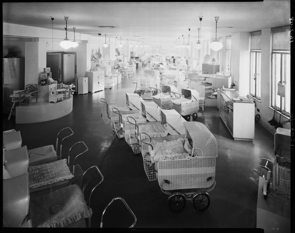 "London Baby Carriages, 2nd. floor, Century Building, 125-133 Swanston St., Melbourne, showing prams and other baby furniture", Melbourne City (c. 1948)
