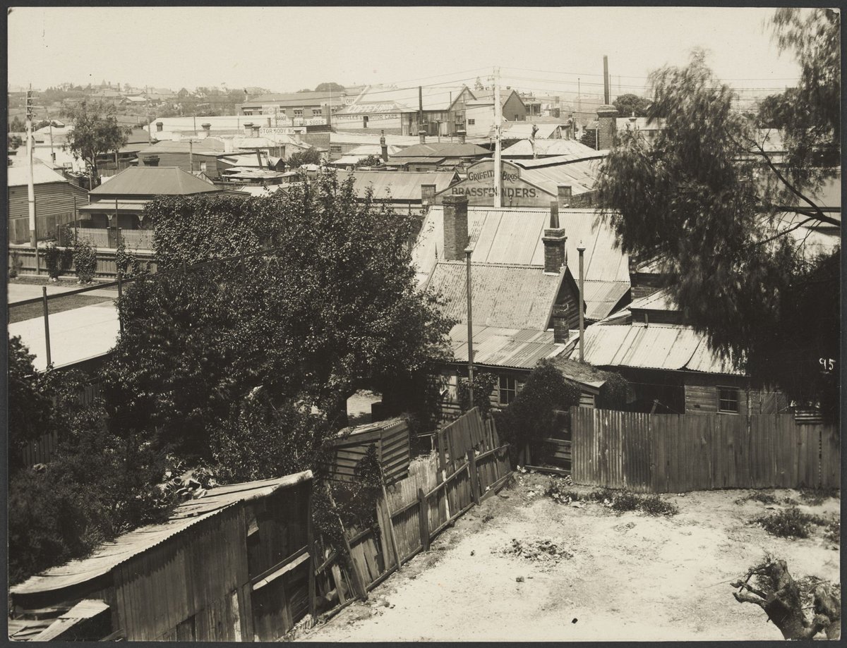 View from roof of factory looking south across Richmond, showing the cottages later demolished for the recreation area on the south west corner of the site (1920–26)