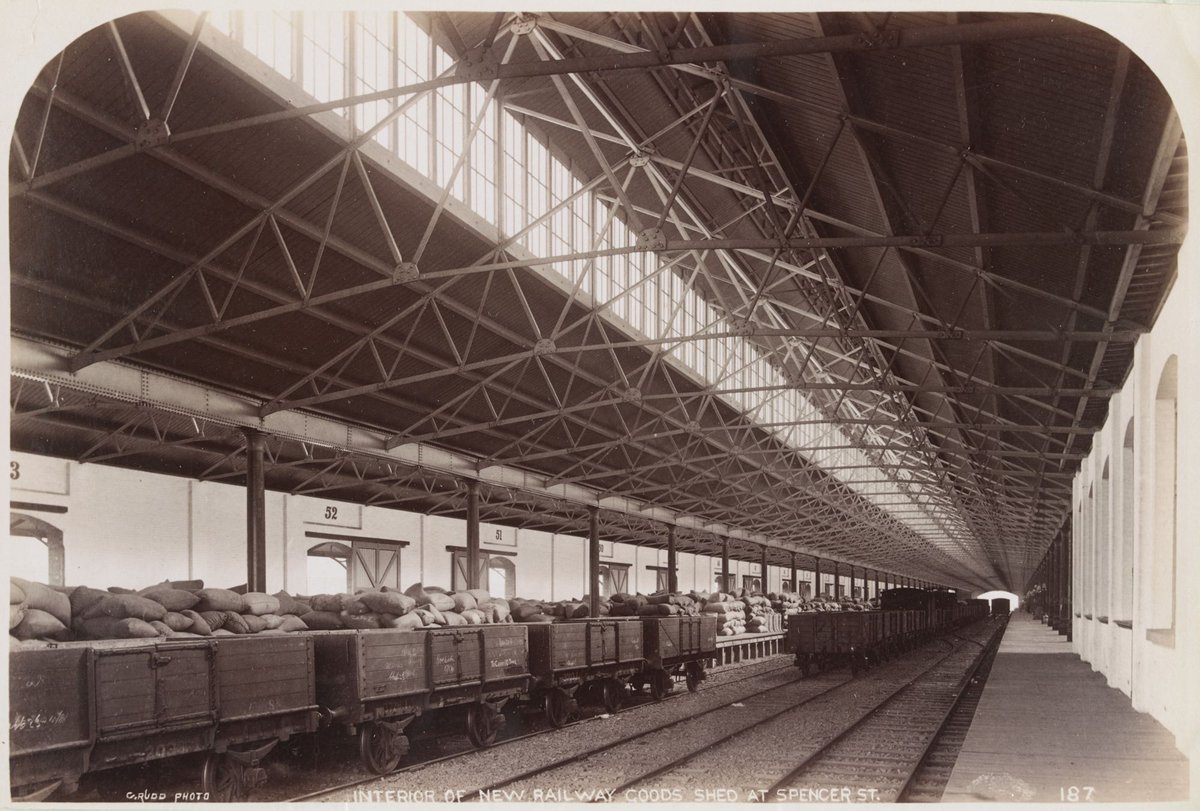 Interior of the new railway goods shed at Spencer St, Melbourne City (1892–1900)
