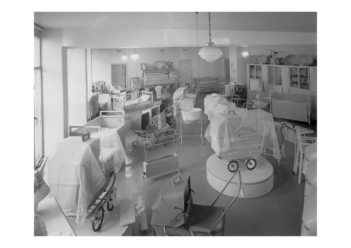 "London Baby Carriages, 2nd. floor, Century Building, 125-133 Swanston St., Melbourne, showing prams and other baby furniture", Melbourne City (c. 1948)