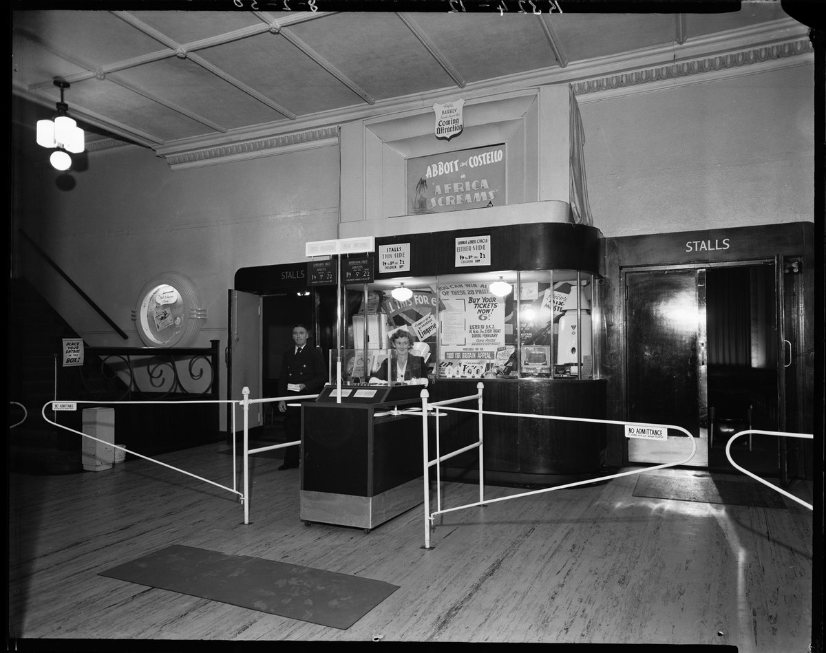 Ticket box and automatic turnstile in foyer of Hoyts Barkly Theatre, Footscray (1950)