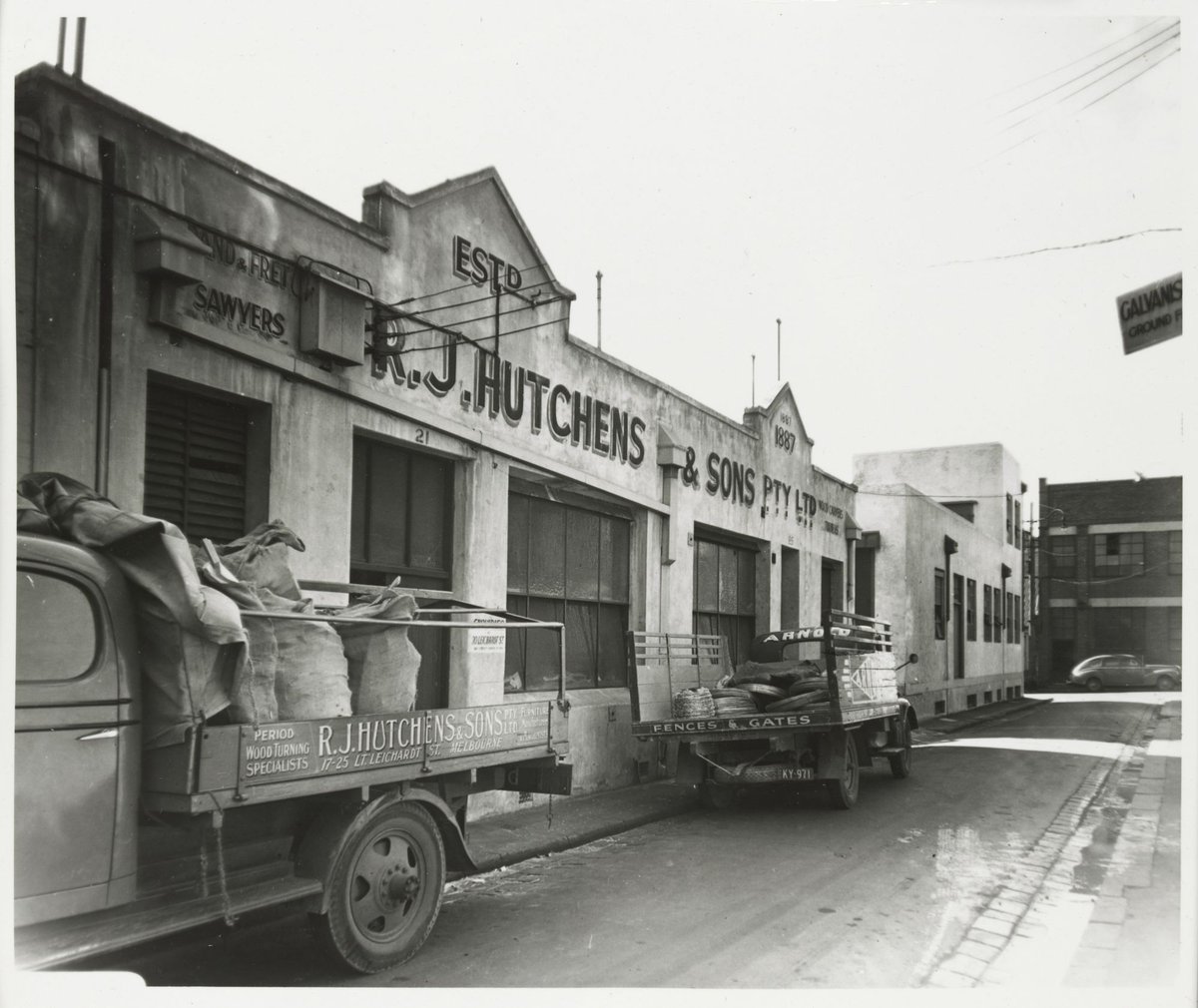 Little Leichardt Street - west side, looking north from nos. 21-25, R.J. Hutchens & Sons factory, to Little Lonsdale Street, Melbourne City (1950)