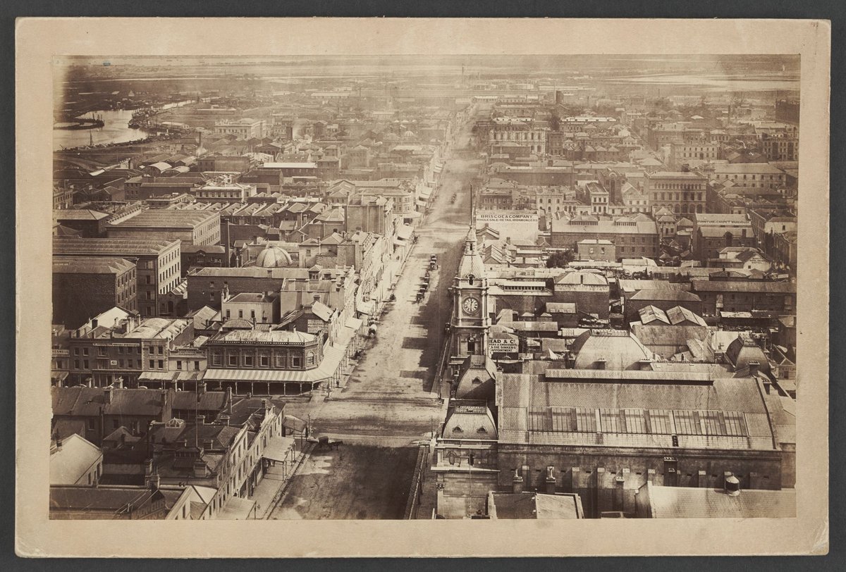 Looking West down Collins Street, showing Town Hall and Australasian Bank under construction, Melbourne City (1875)