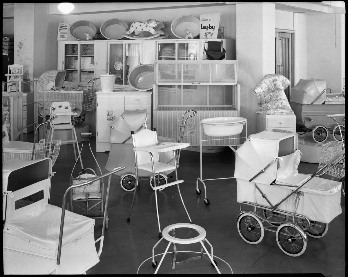 "Interior, showroom, London Baby Carriages shop, 2nd floor, Century Building, 125 Swanston Street, Melbourne", Melbourne City (c. 1951)