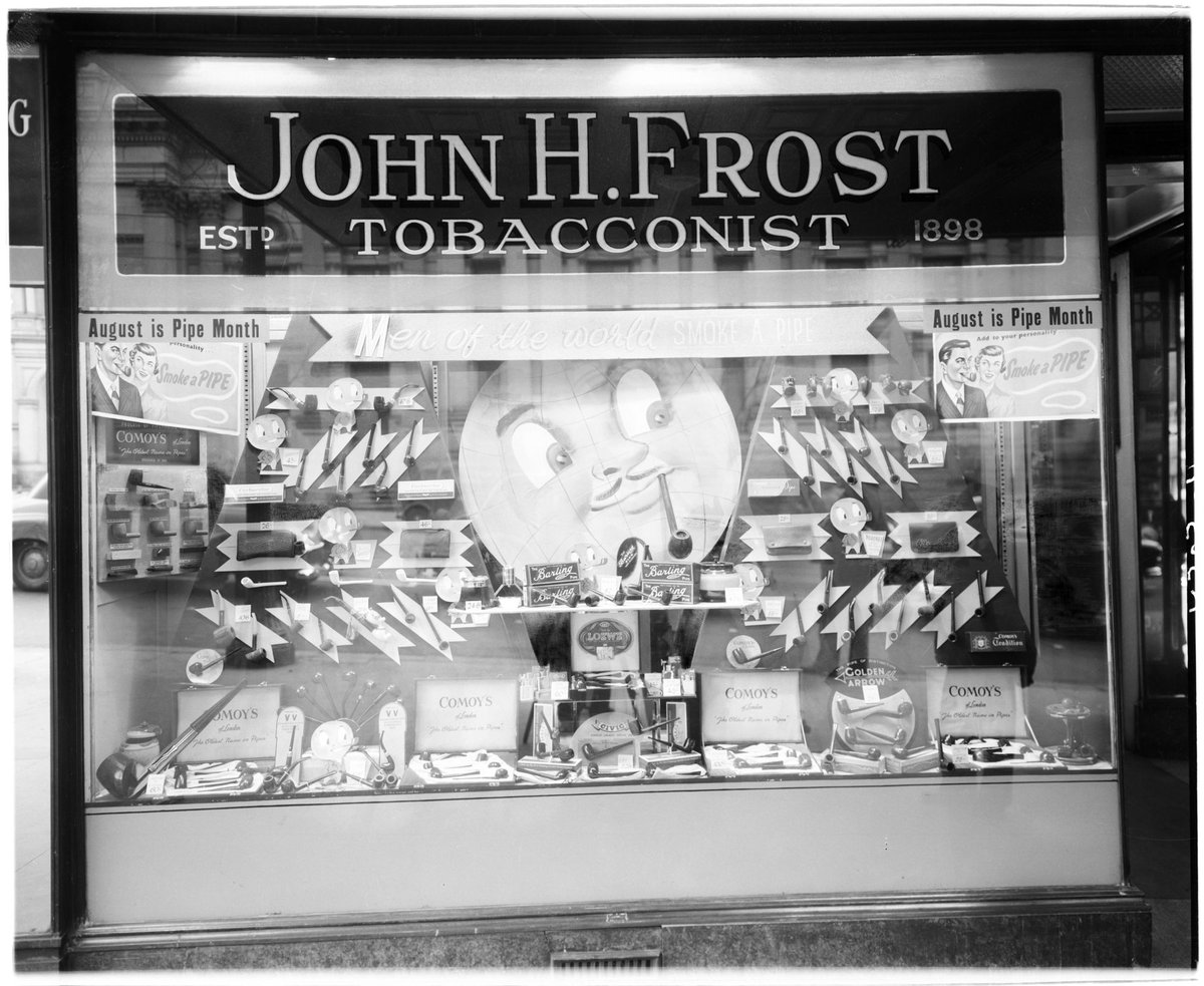 Shop window, John H. Frost, tobacconist and hairdresser, 340 Collins Street, Melbourne City (c. 1952)