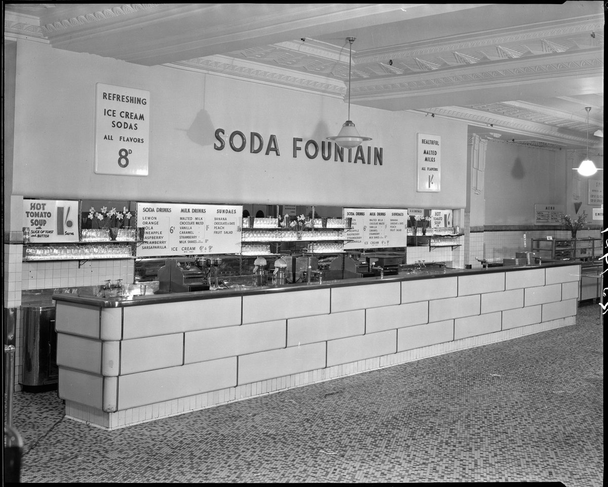 Coles cafeteria, 299-301 Bourke Street, Melbourne, soda fountain, Melbourne City (c. 1953)