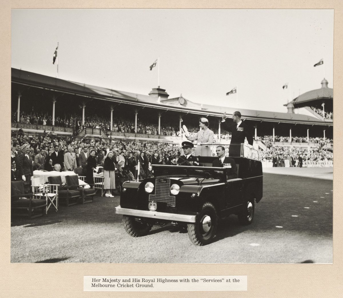 Her Majesty and His Royal Highness with the "Services" at the Melbourne Cricket Ground, East Melbourne (1954)