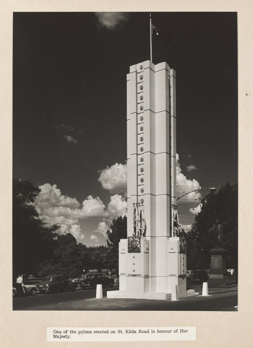 One of the pylons erected on St. Kilda Road in honour of Her Majesty, Melbourne City (1954)