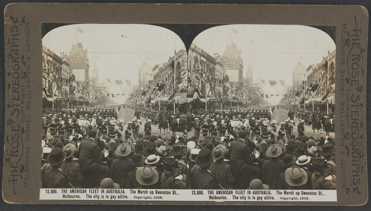 THE AMERICAN FLEET IN AUSTRALIA. The March up Swanston St., Melbourne. The city in gay attire, Melbourne City (c. 1908)