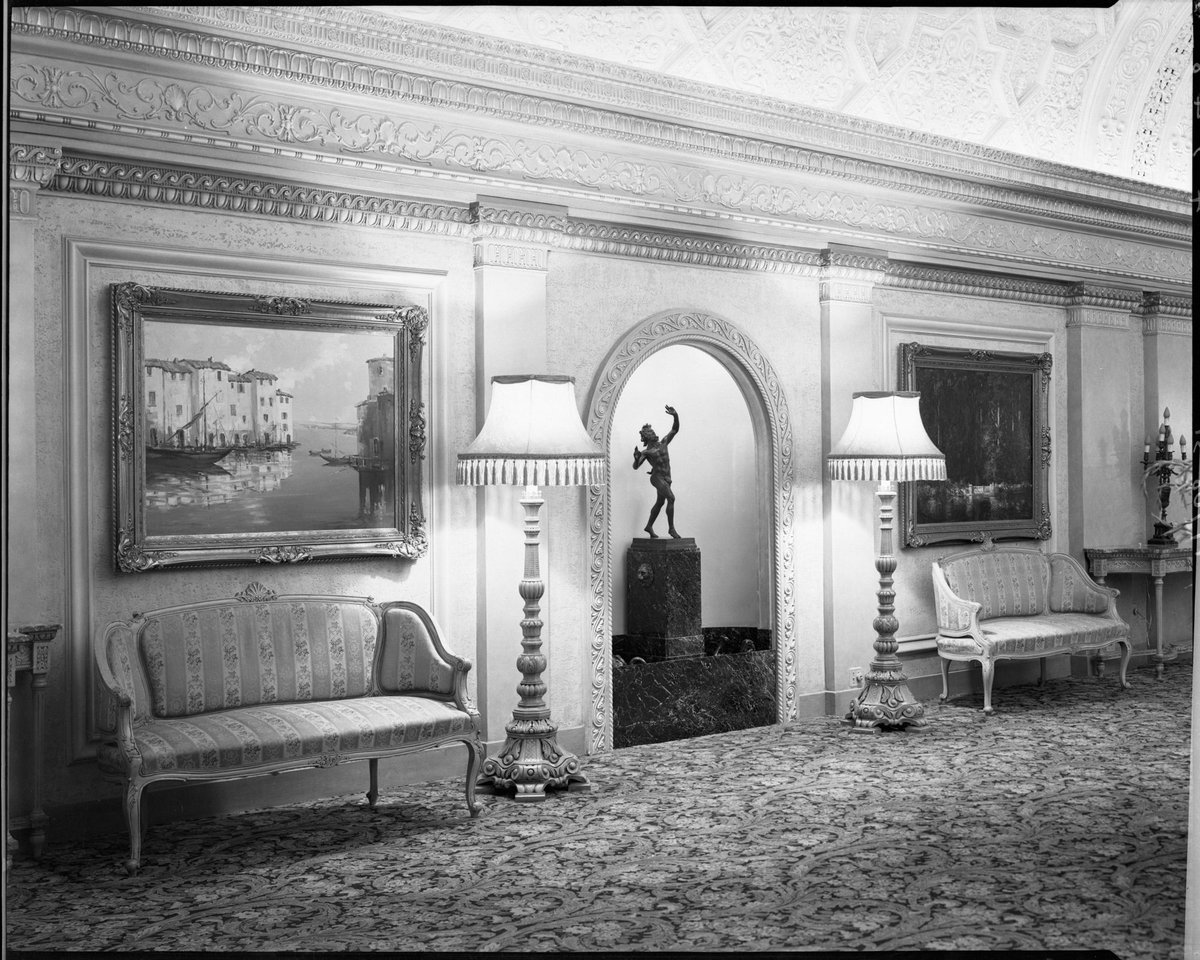 Hallway wall with seating, lamps and art works, Regent Theatre, Collins Street, Melbourne, Melbourne City (1948)