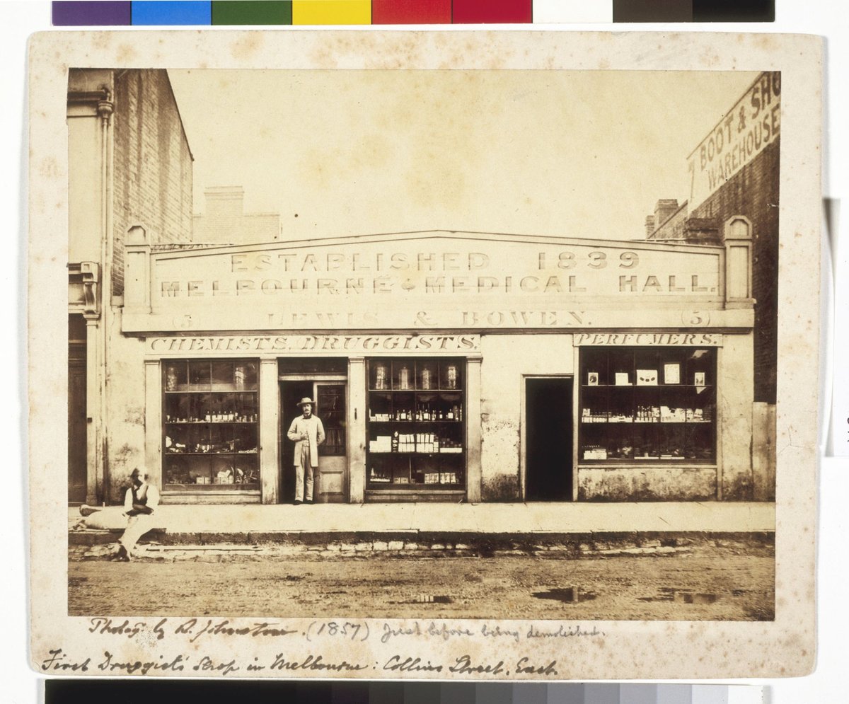 First Druggist's Shop in Melbourne: Collins Street, East. [Lewis & Bowen], Melbourne City (1857)