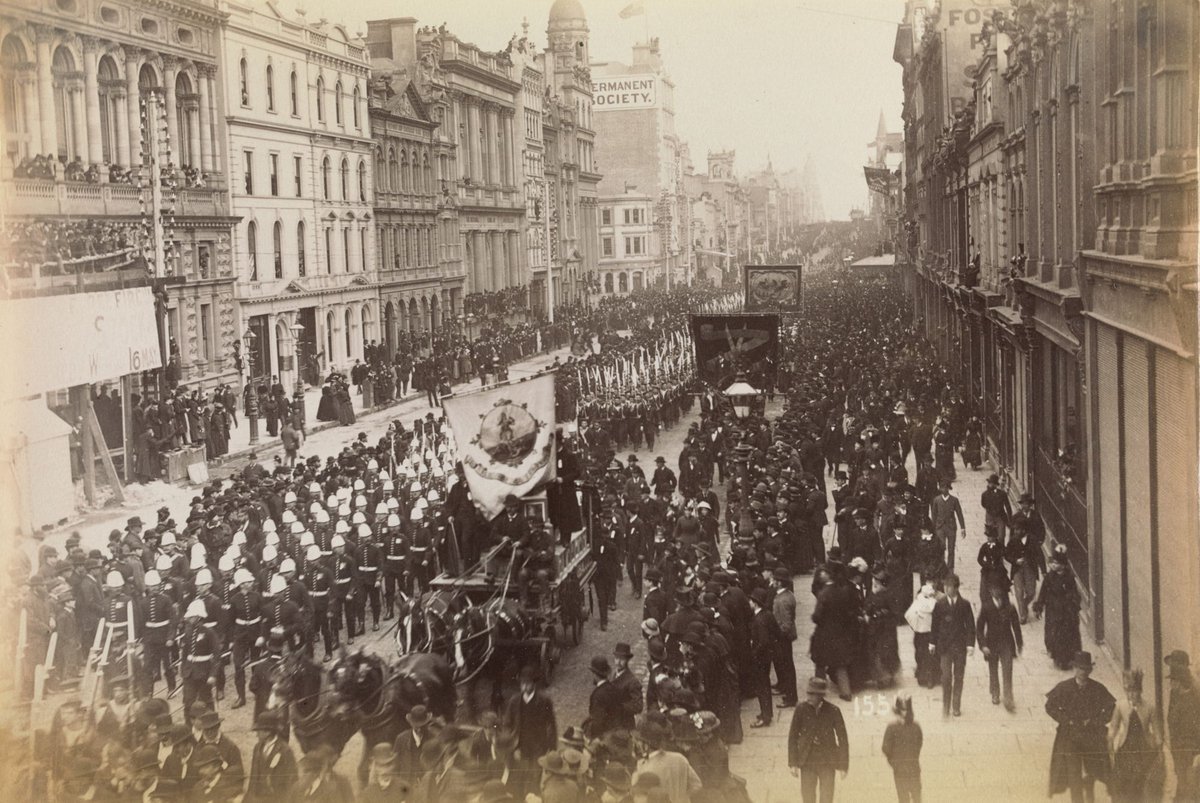 Centennial Exhibition Procession [looking west from the corner of Collins & Swanston Streets], Melbourne City (1888)