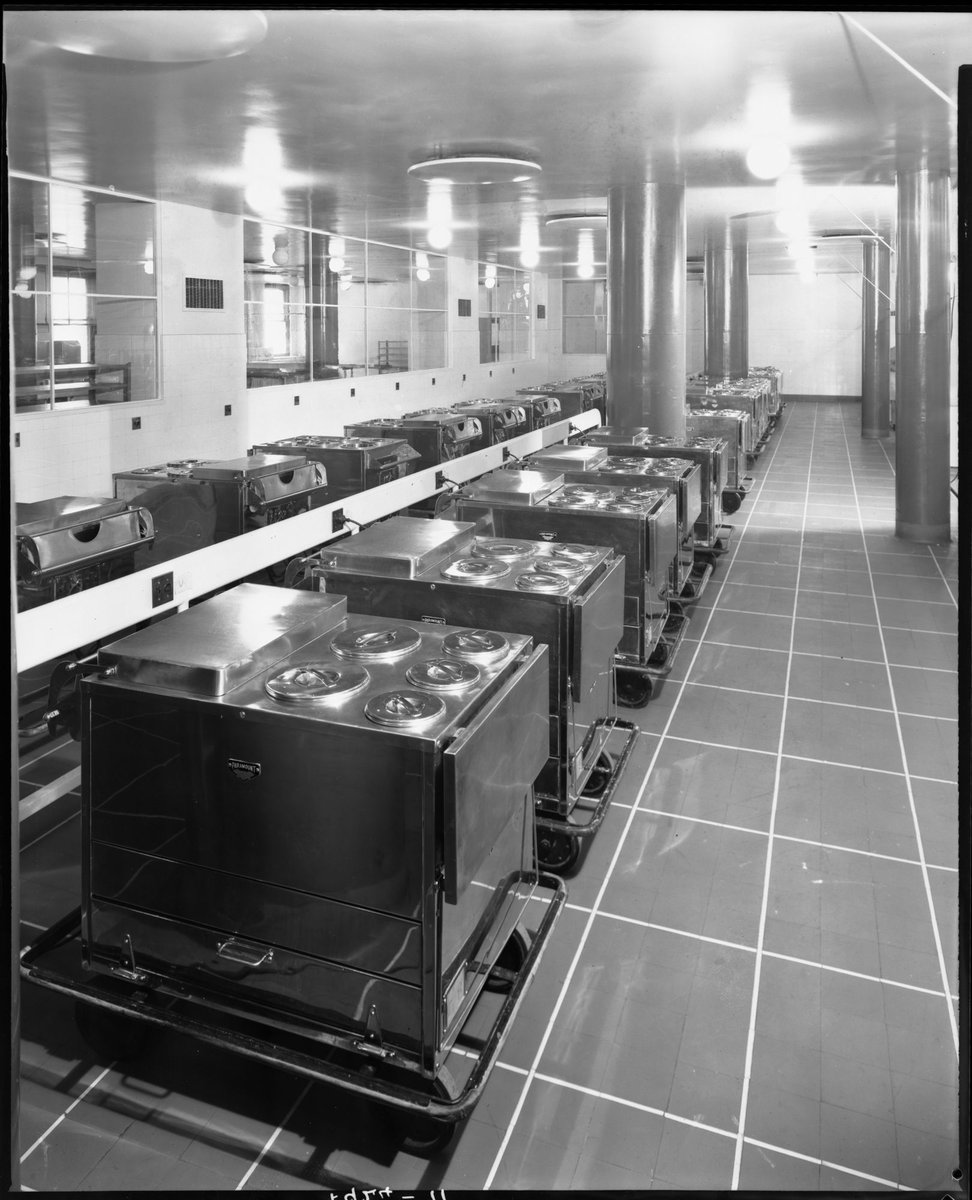 Interior view of industrial kitchen and food warmers, Royal Melbourne Hospital, Melbourne City (1945)